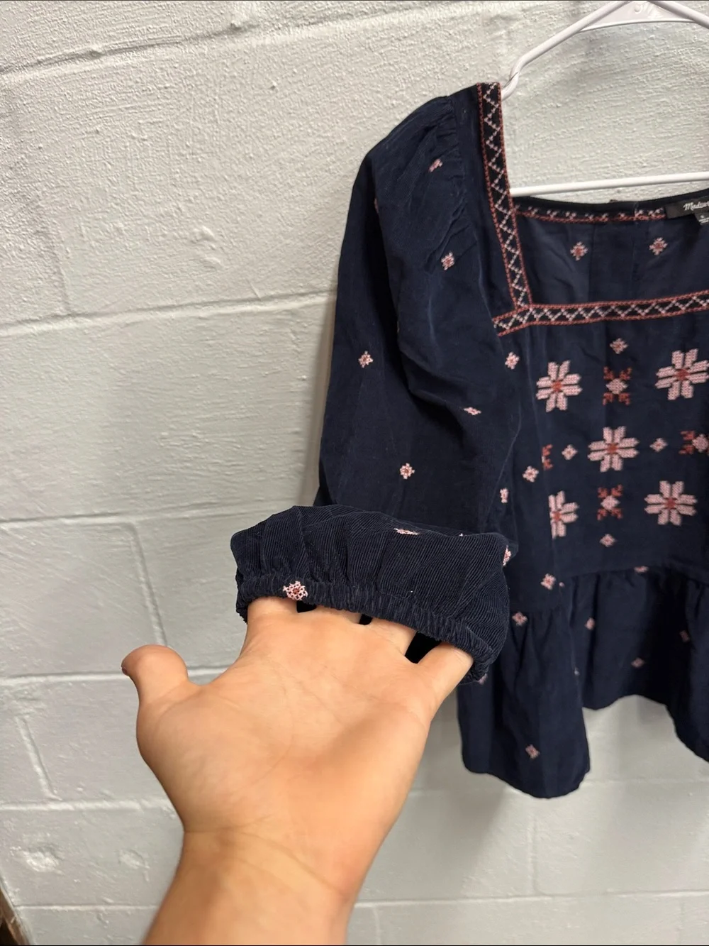Madewell Navy Blouse with Pink Embroidery